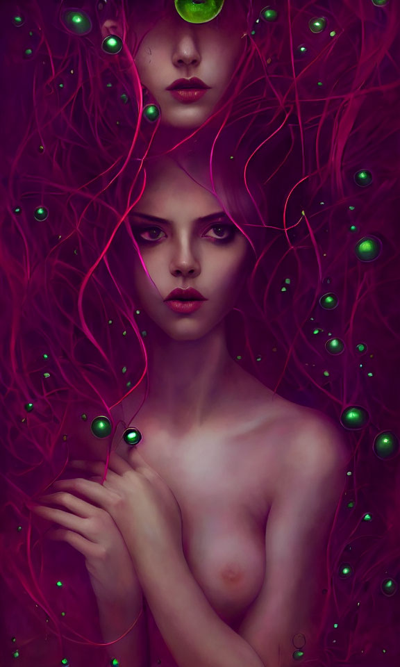 Pale-skinned woman surrounded by red tendrils and green orbs on dark background