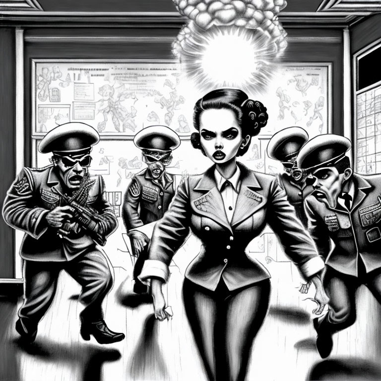 Monochrome illustration of woman surrounded by military men with guns