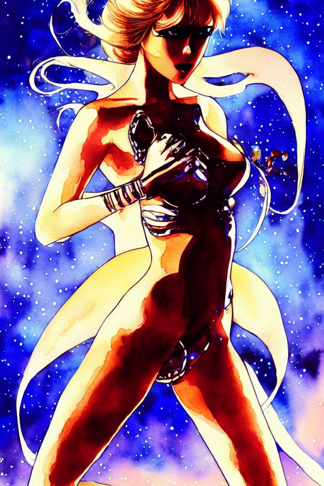 Stylized illustration of female figure with flowing hair and mask against cosmic backdrop