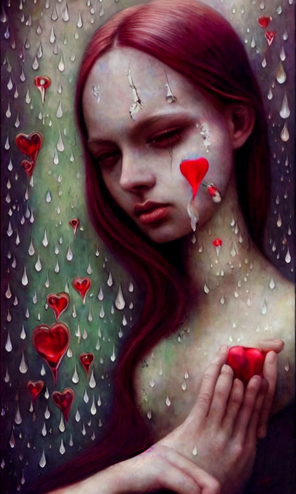 Portrait of Woman with Pale Skin and Red Hair Crying in Raindrops and Hearts