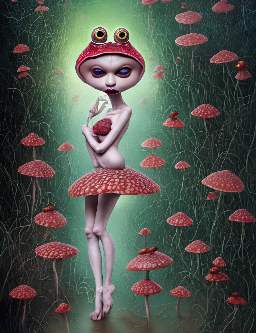 Humanoid mushroom character surrounded by red-capped mushrooms in a field