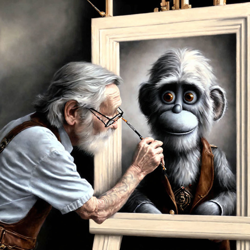 Elderly artist painting lifelike portrait of cartoonish monkey in suit