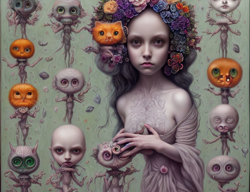 Whimsical surreal portrait of pensive girl with creatures and floral backdrop