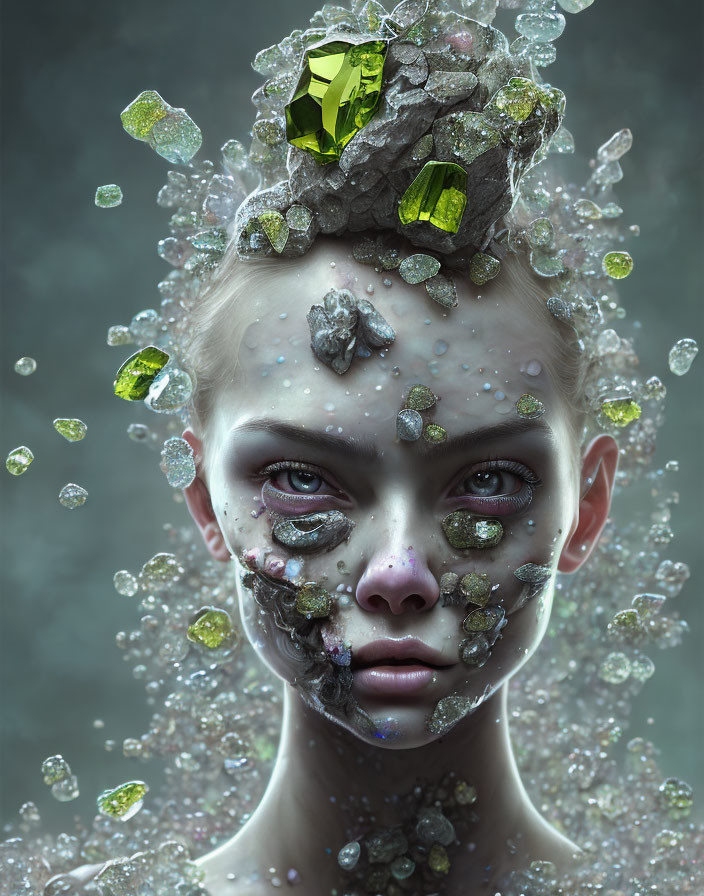 Surreal portrait: female with crystalline structures and green gemstones on misty background