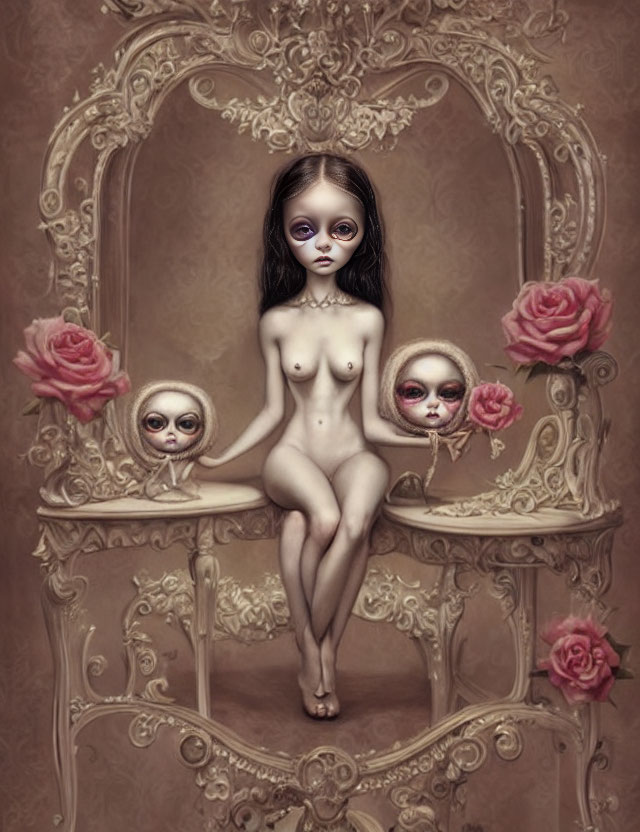 Surreal nude figure with big eyes and smaller figures in ornate frame.