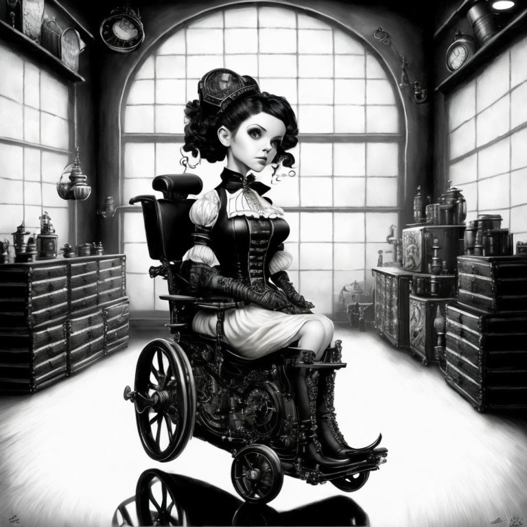 Victorian-style woman in ornate wheelchair in vintage setting