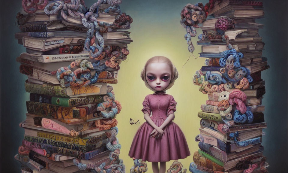 Surreal artwork of girl among towering book stacks and whimsical creatures