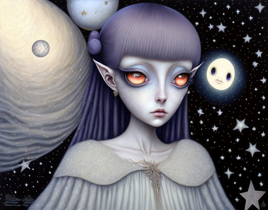 Fantasy illustration: Girl with glowing orange eyes in cosmic setting