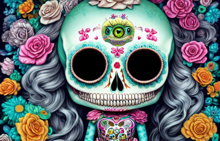 Vibrant floral skull art with green one-eyed creature