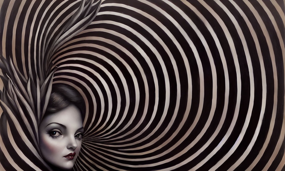 Surreal portrait of woman with hair blending into concentric circles