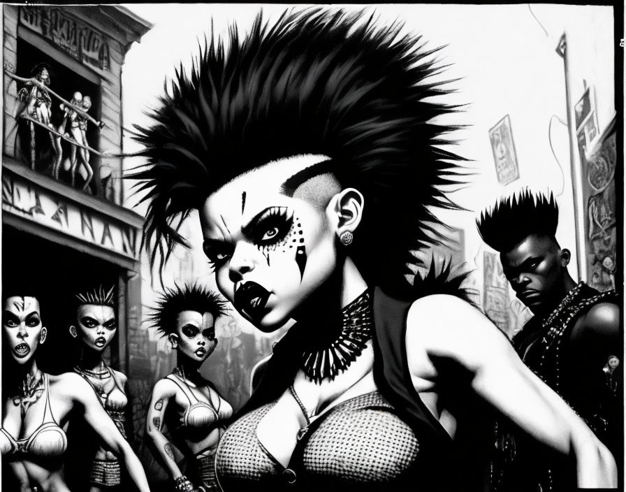 Monochrome artwork of punk-styled individuals in urban setting