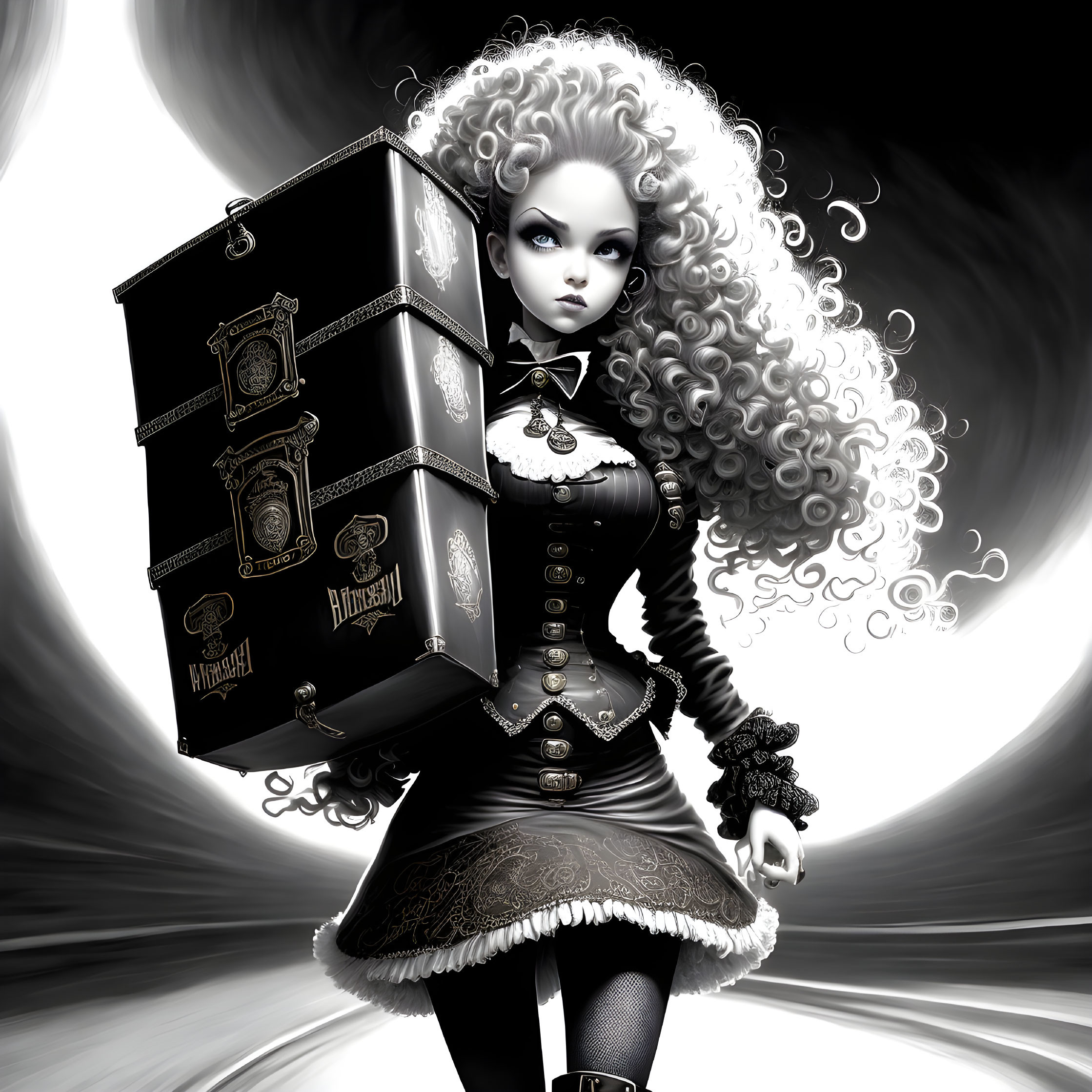 Monochrome gothic illustration of doll-like female with ornate box