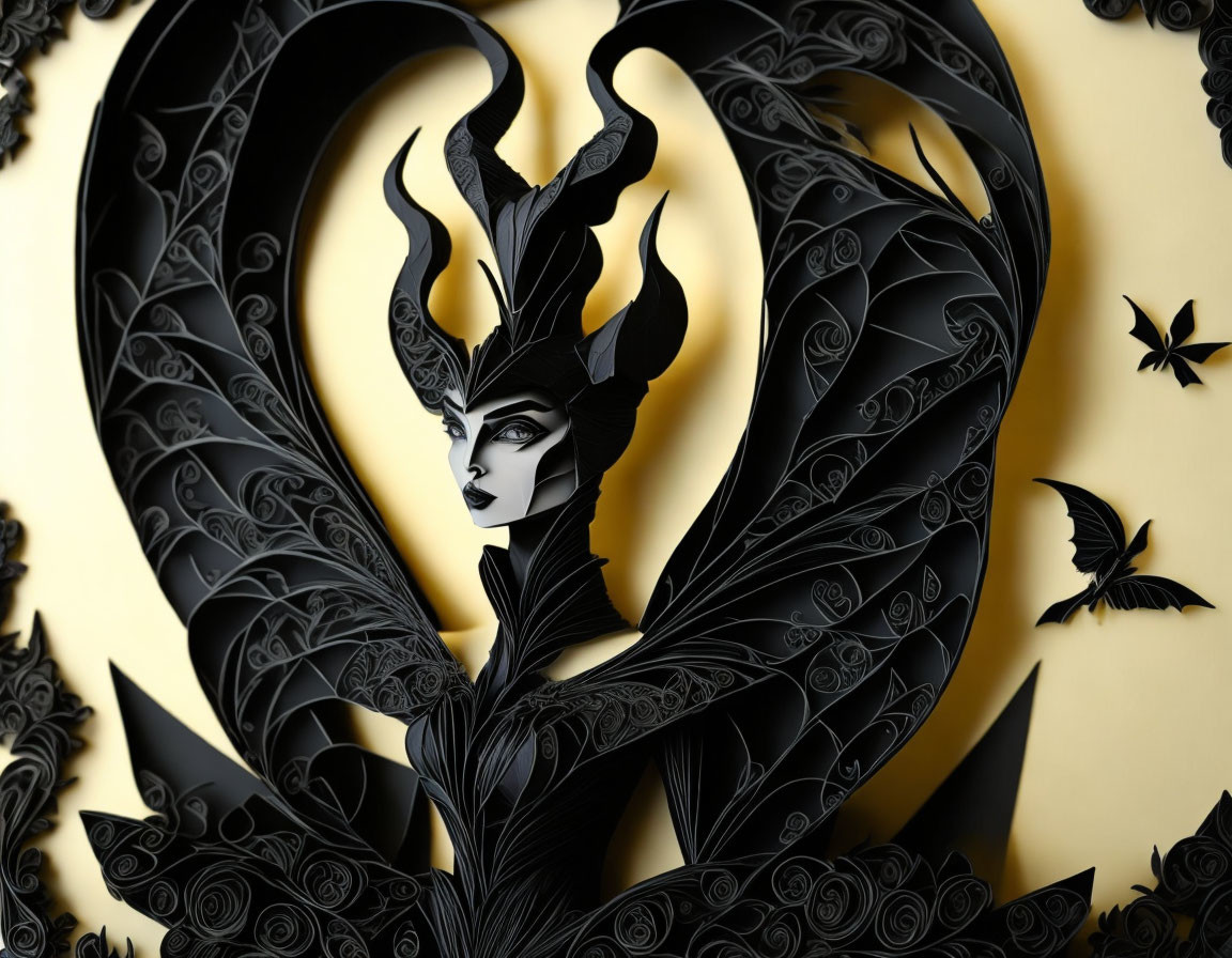 Intricately crafted paper art: Female character with dark wings and horns on yellow background