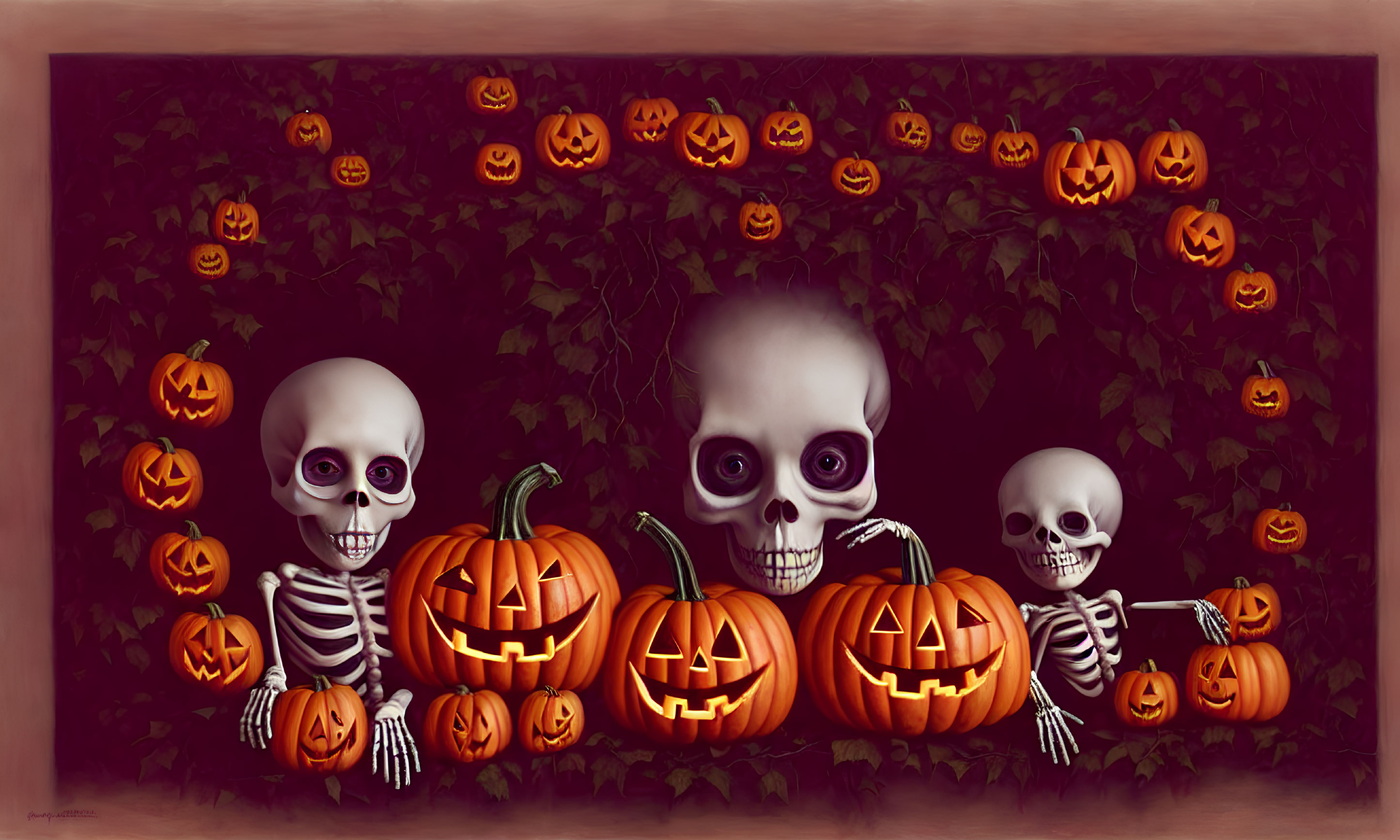 Stylized skeletons with oversized heads in Halloween scene