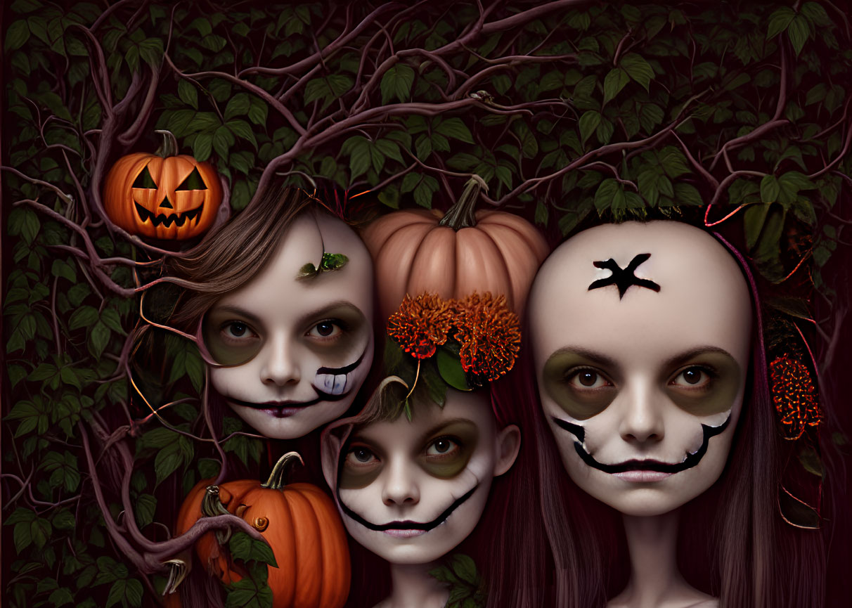 Three people with Halloween makeup posing with pumpkins and ivy, one with a pumpkin head and another