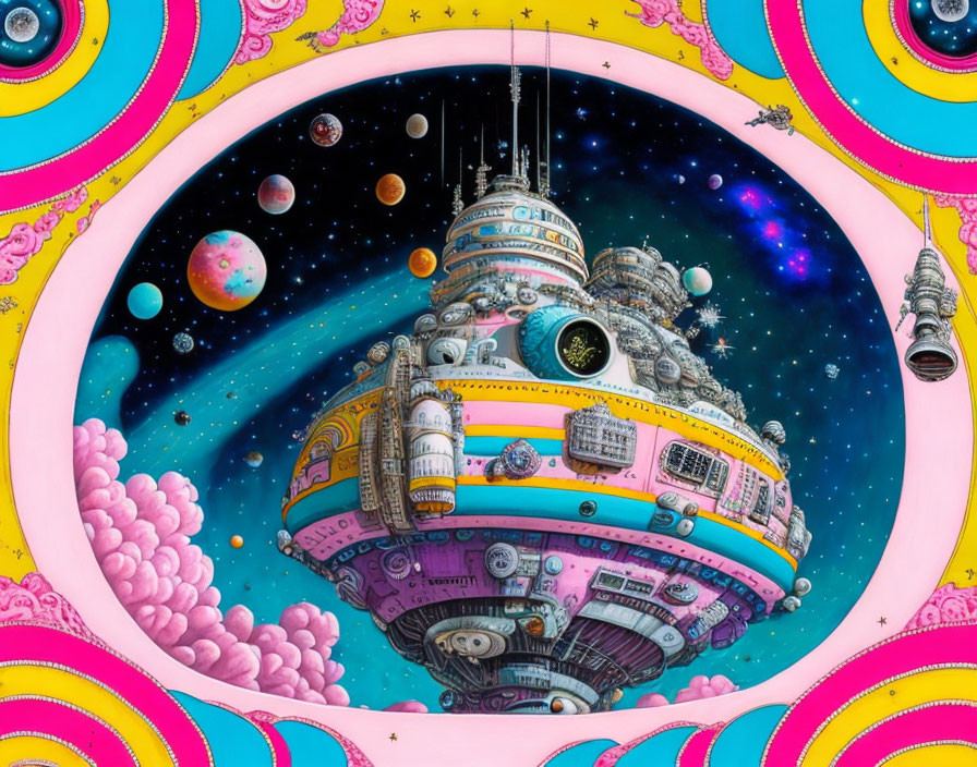 Detailed futuristic space station surrounded by planets and stars in vibrant illustration