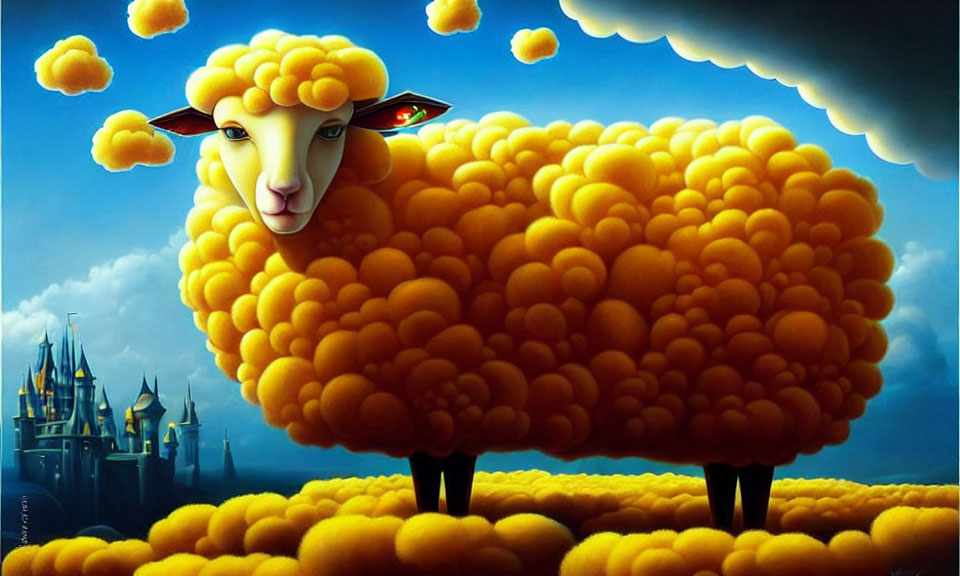 Surreal sheep with golden wool and castle on blue sky