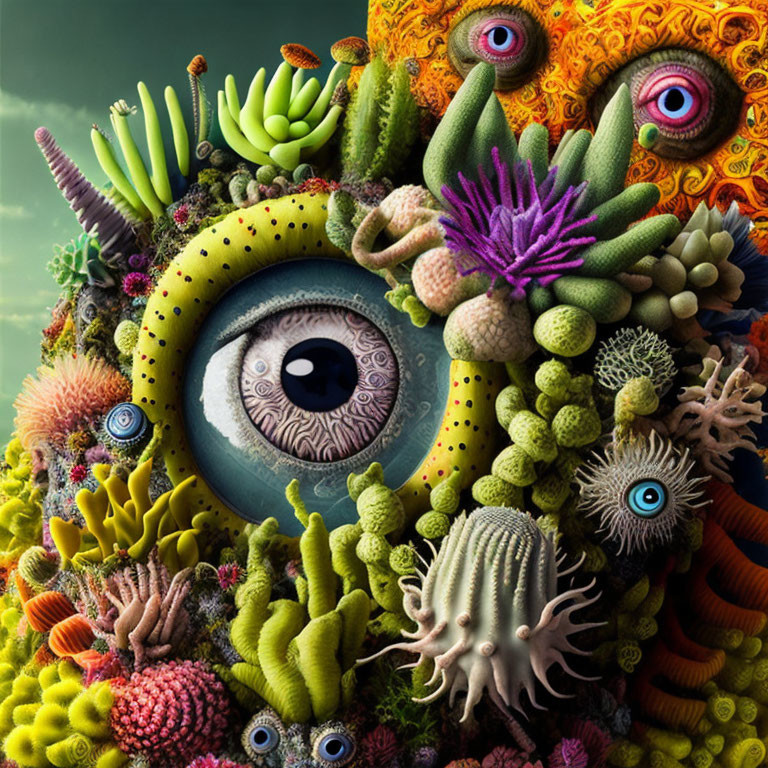 Colorful surreal image of eye surrounded by sea life and plant-like structures.