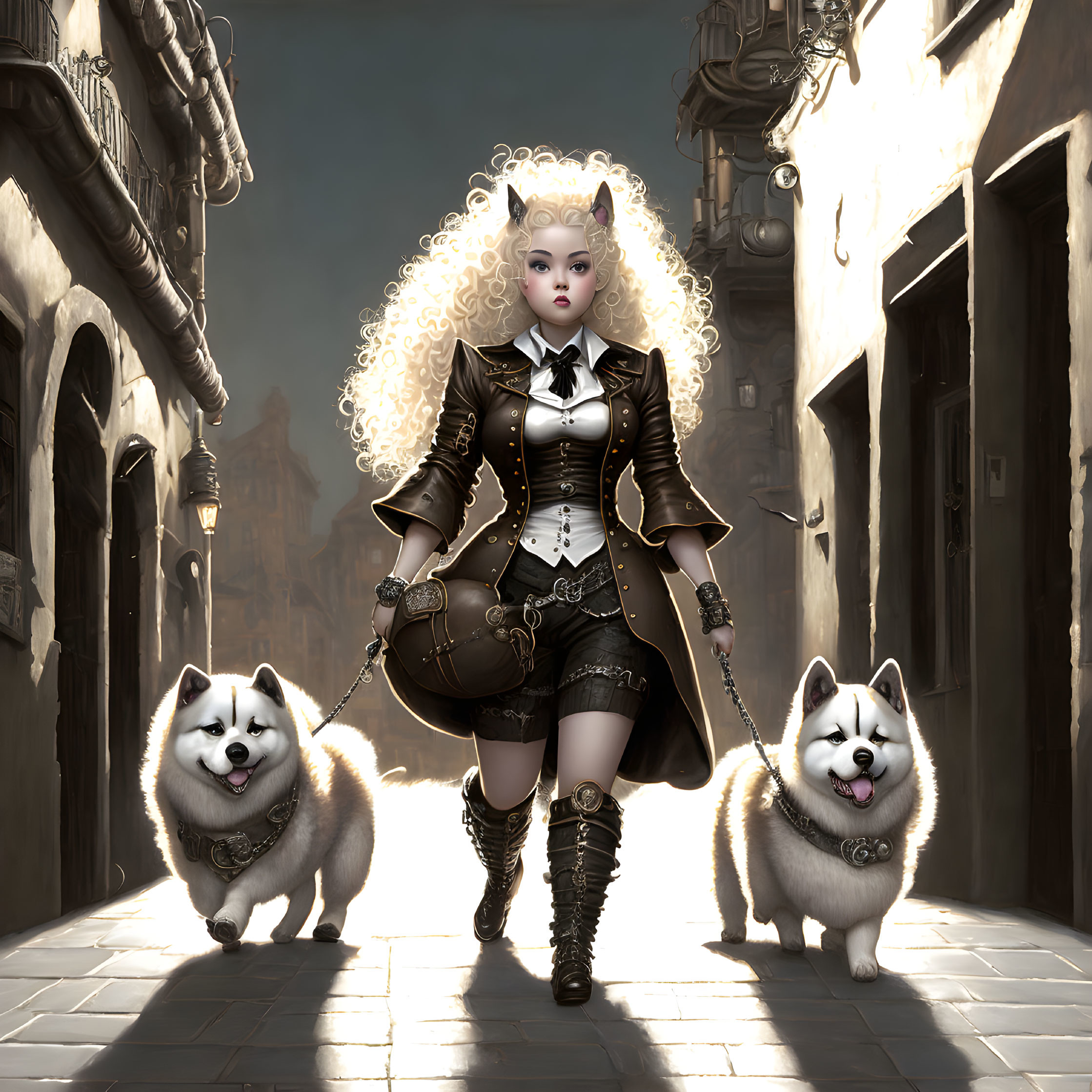 Digital artwork: Confident woman in steampunk attire with white hair, walking dogs in vintage alley