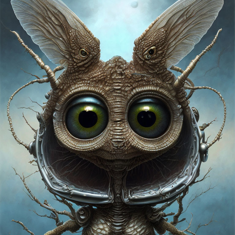 Majestic creature with captivating eyes, insect features, horned head, and metallic collar in mist