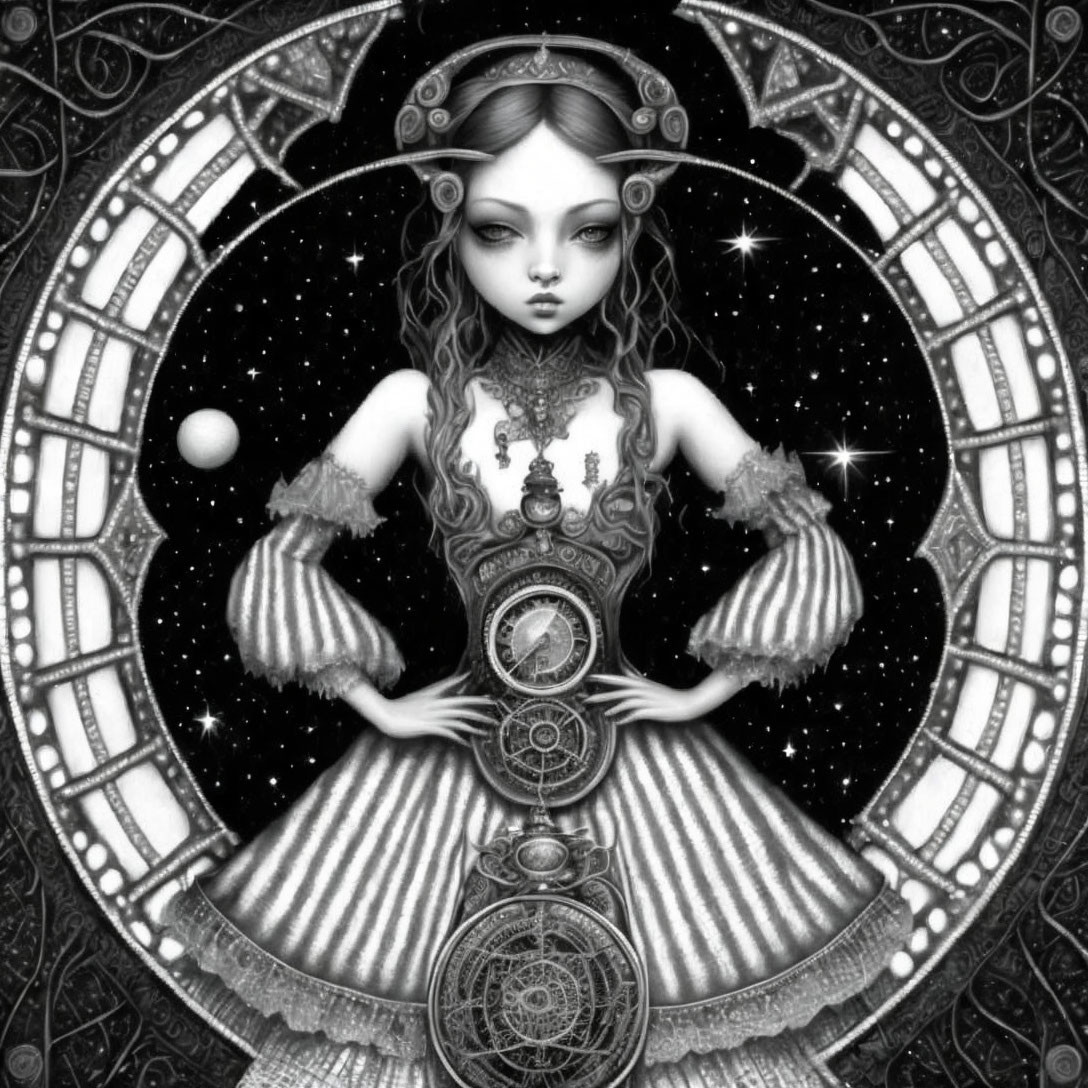 Monochromatic gothic girl illustration with astral clock background