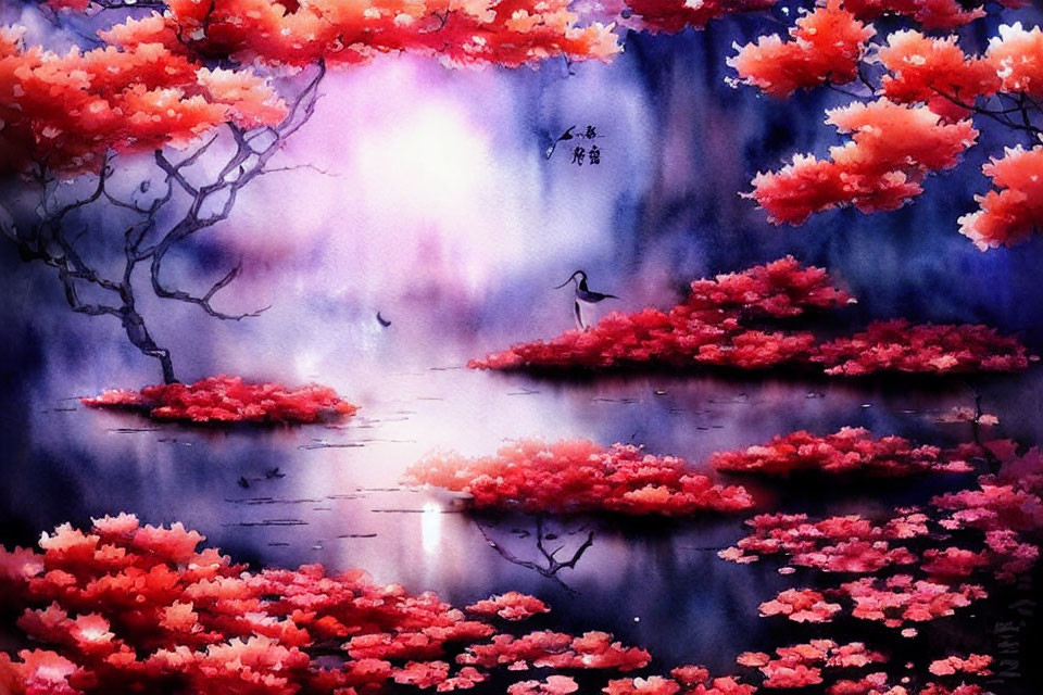 Mystical landscape watercolor with pink foliage, lake, crane, and purple backdrop