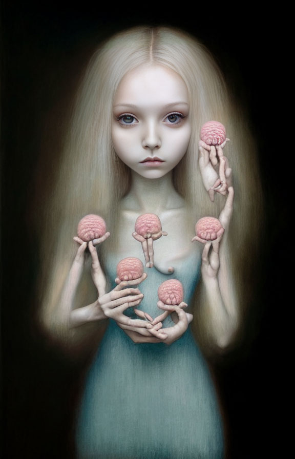 Ethereal girl with long blond hair holds miniature pink brains