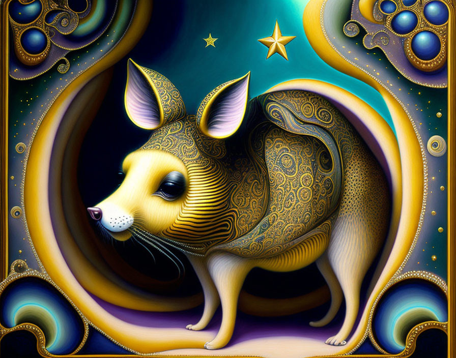 Golden rodent-like creature with intricate patterns in surreal cosmic setting