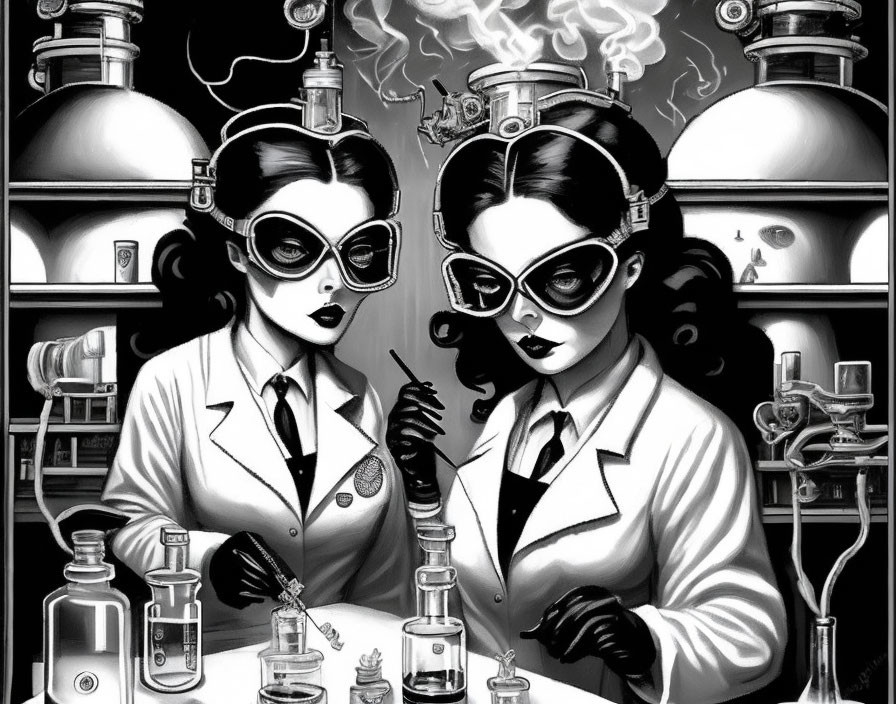 Monochrome illustration of twin women in lab coats conducting experiments