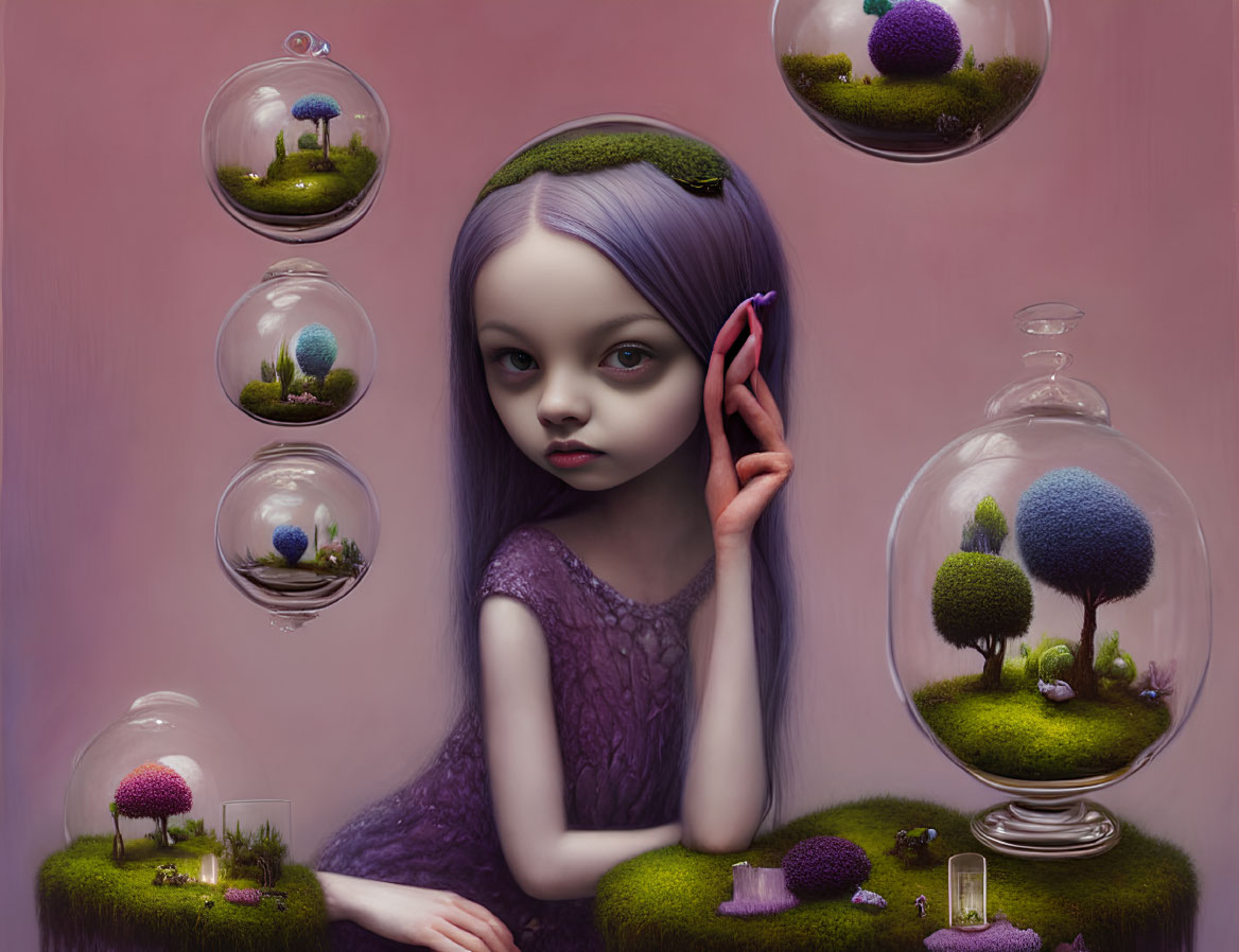 Surreal painting: Girl with violet hair and eyes, glass orbs, miniature landscapes, pink backdrop