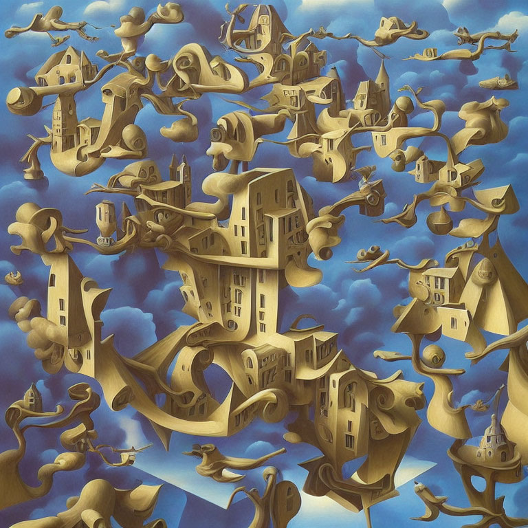 Surrealistic painting: Gravity-defying architecture & floating elements in blue sky