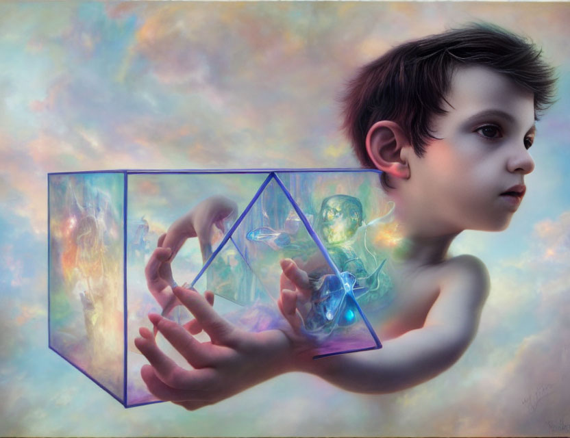 Child Holding Transparent Geometric Shapes with Cosmic Scene