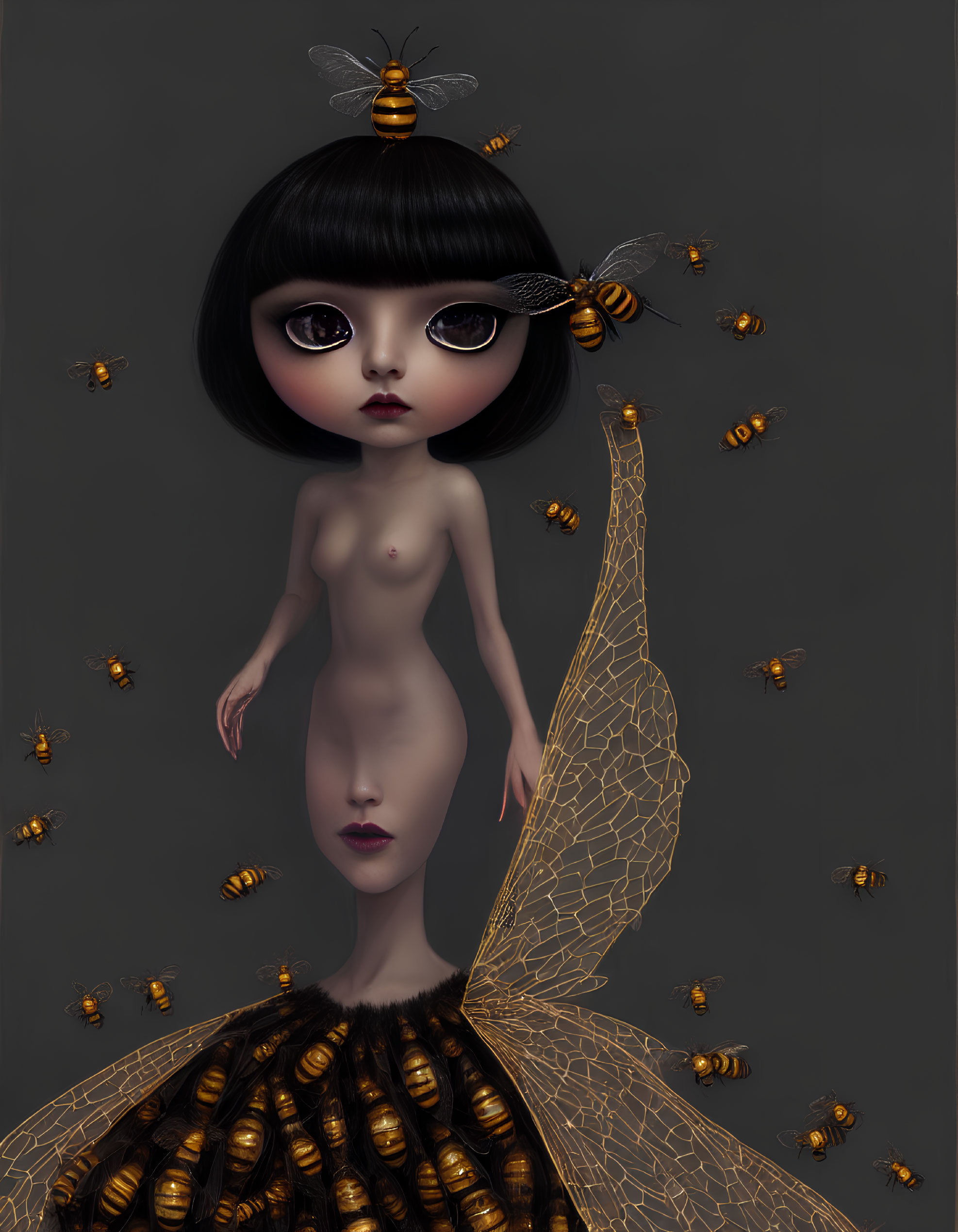 Doll-like character with bee-themed attire and bees on grey background