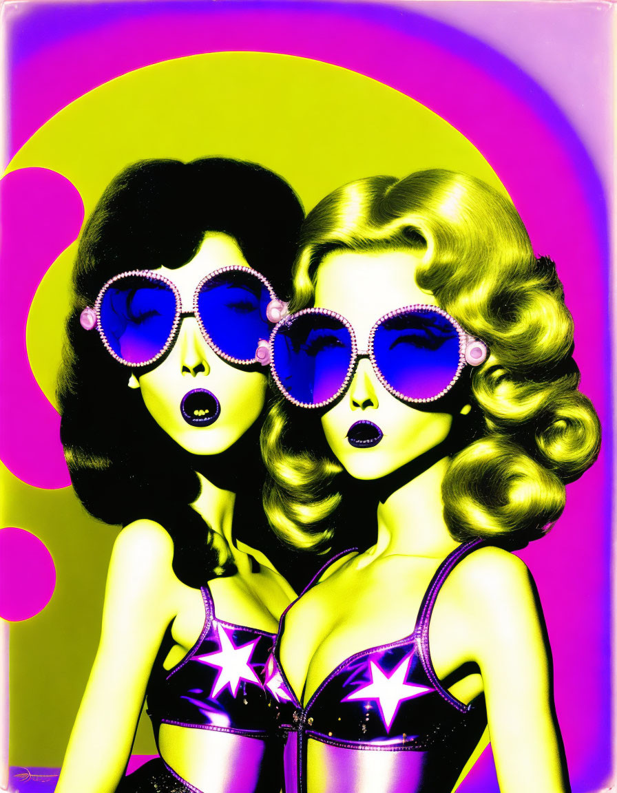 Stylized women with voluminous hair and oversized sunglasses in vibrant pop art portrait