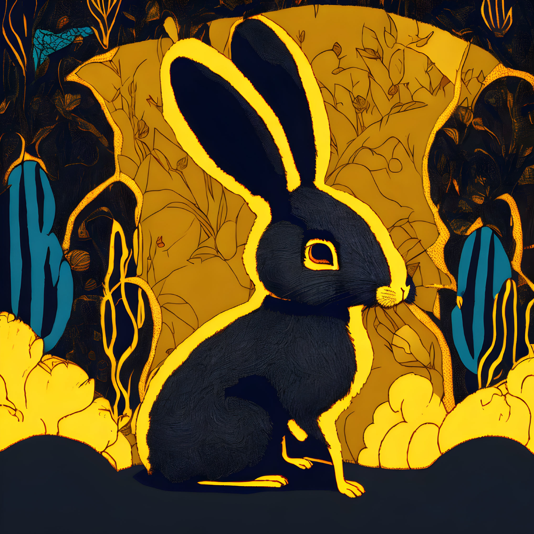 Illustrated black rabbit with large ears among yellow plants and blue butterflies on dark background