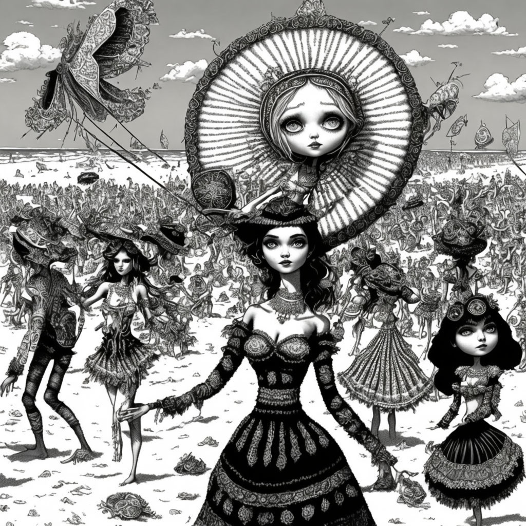 Monochromatic gothic female characters in surreal gathering