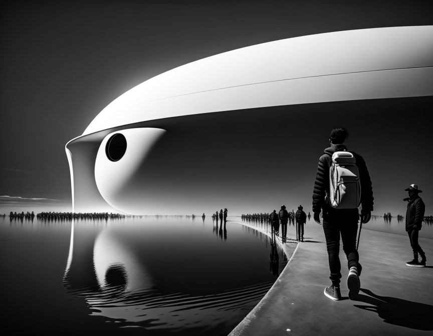 Monochrome photo of people walking by futuristic eye-shaped building