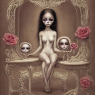 Surreal nude figure with big eyes and smaller figures in ornate frame.