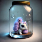 Fantasy illustration of small unicorn in glass jar with purple mane, surrounded by water and bubbles