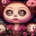 Surreal girl with large eyes, roses, clock, and whimsical creature illustration