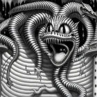 Monochrome surreal biomechanical scene with snake-like creatures