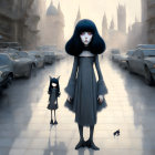 Illustration of large ghostly girl and small real girl in city street with vintage cars and gothic