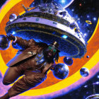 Colorful attire and sunglasses pose in front of cosmic backdrop with spaceship and celestial bodies.