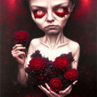 Gothic-style illustration: Pale girl with red irises holding roses