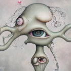 Surreal eye with tentacles and bubbles on neutral background