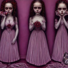 Eerie figures in vintage gowns with flower crowns and dark eyes