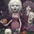 Surreal Gothic Image with Caricatured Figures and Pumpkins