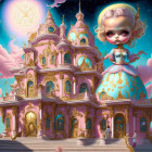 Illustration of big-eyed girl at pink and gold palace under twilight sky