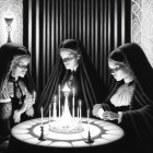 Elderly women with braided hair and glasses sitting around a candlelit table