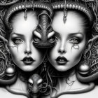 Grayscale fantasy illustration of symmetrical serpentine faces with two-headed dragon creature